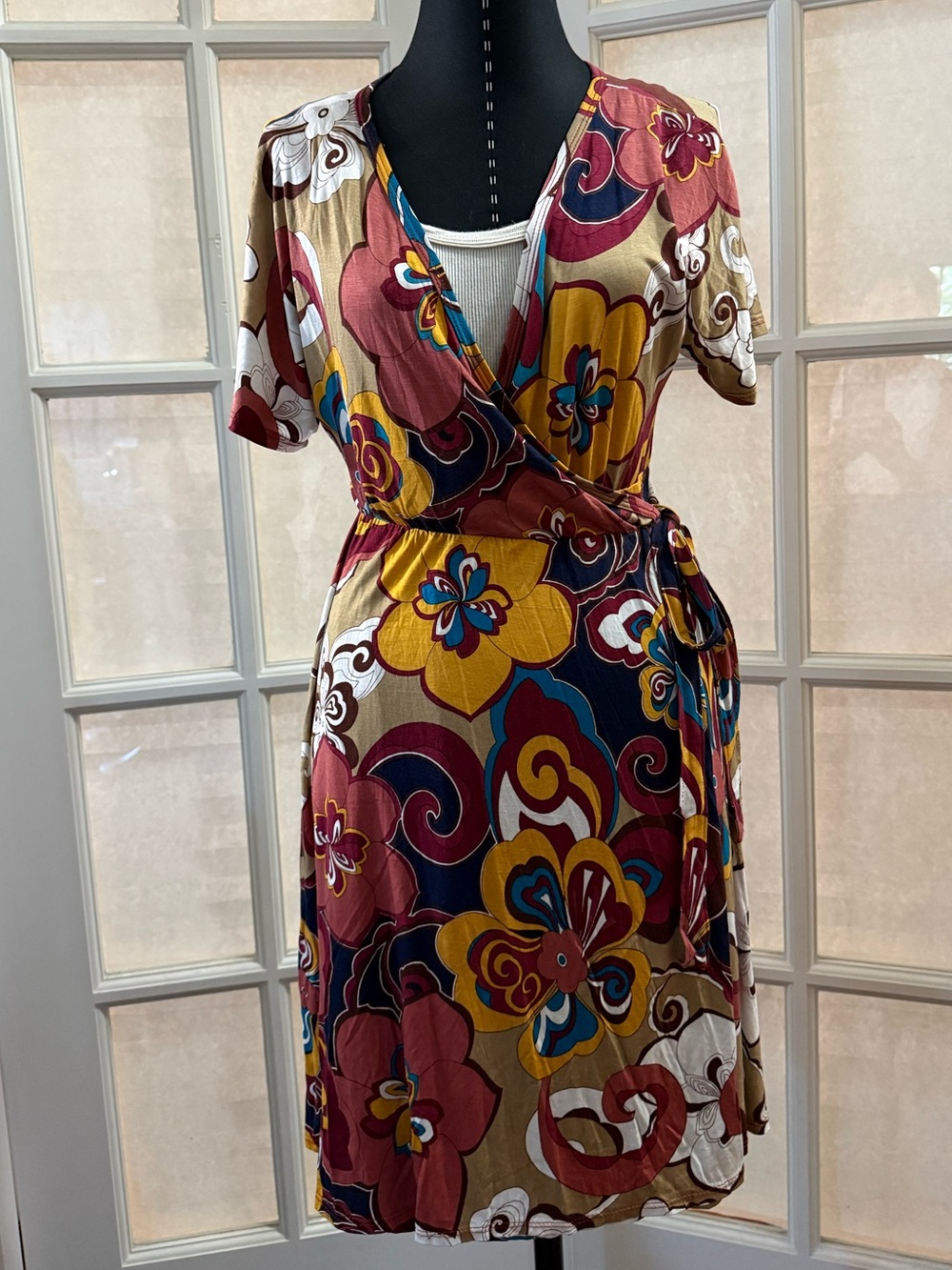 Agnes & Dora Floral Wrap Mini Dress in Mustard, Burgundy & Navy